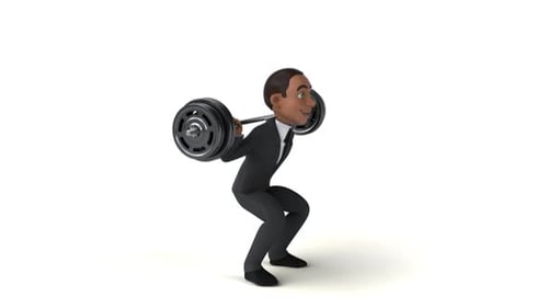 3D Cartoon Businessman Doing Barbell Squats Animation