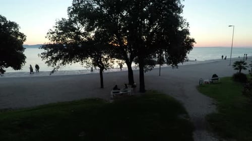 Aerial view of a sunset seen from a quay