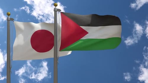 Japan and Palestine Flags Waving with Realistic Wind Simulation