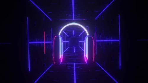 Rotating Neon Headphones in Futuristic Abstract Grid Tunnel
