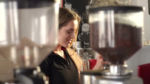 Portrait of a Smiling Barista Girl in a Modern Coffee Shop, She Prepares Coffee
