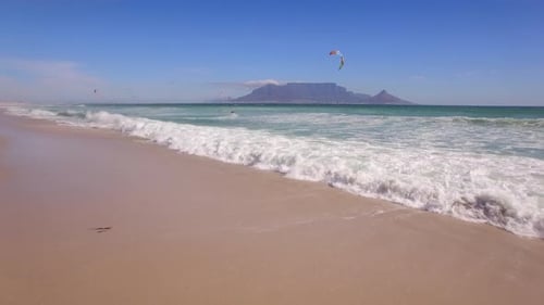 Travel drone Table Mountain, Table Bay, kiteboarders, Bloubergstrand, Cape Town, South Africa.