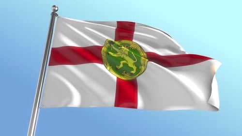 Realistic Alderney Flag Waving on Flagpole Against Clear Blue Sky