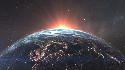 Plexus of numerous lines connecting points on the surface of the globe forming a global digital netw