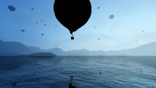 Hot Air Balloons Flying Over Calm Water at Dusk