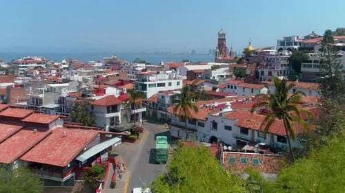 Coastal Town Aerial View with Red Tile Roofs