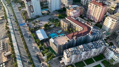 Hotels pool on the beach aerial view Turkey Alanya 4 K