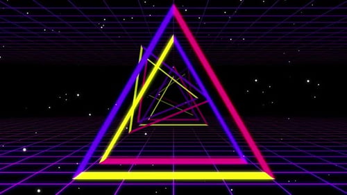 Retro Neon Triangle Tunnel Animation with Grid Background