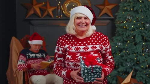 Smiling Senior Woman Holding Christmas Gift Box