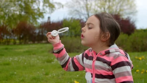 Girl Blowing Bubbles in Green Grassy Yard