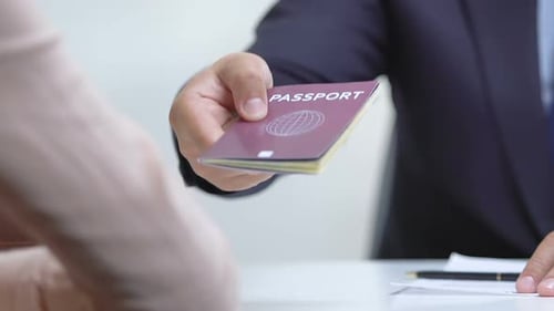 Governmental Worker Giving Lady Red Biometric Passport, Citizenship Confirmation