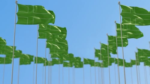 Many Green Flags with White Cross Pattern Waving in Wind