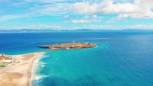 Aerial Scenic View of Tarifa City Spain Mediterranean Sea and Ocean Atlantic