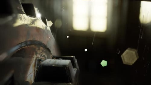 Rusted Industrial Gear Rotating with Rain and Light Reflection