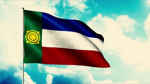 Waving Flag of Khakassia Against Blue Sky and Clouds