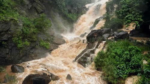 Footage of Waterfall Got Overflood After Raining in Mountains