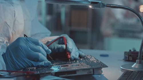 Electronics Technician Testing Circuit Board With Probes