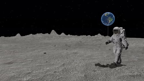 Atsronaut with a Ball in the Shape of the Earth Is Walking on the Moon