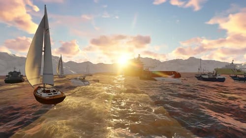 Animated 3D Boats and Ships on Ocean at Sunset