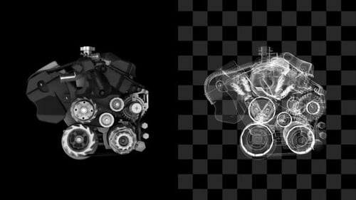 Rotating 3D Car Engine Realistic and Wireframe View