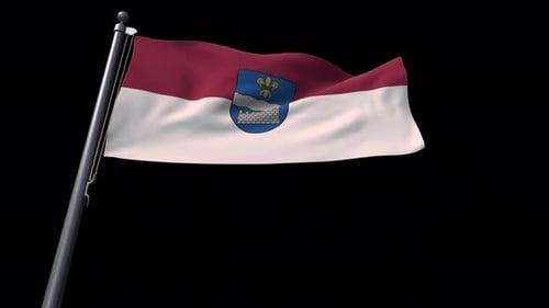 Realistic Waving Maroon and White Flag with Coat of Arms