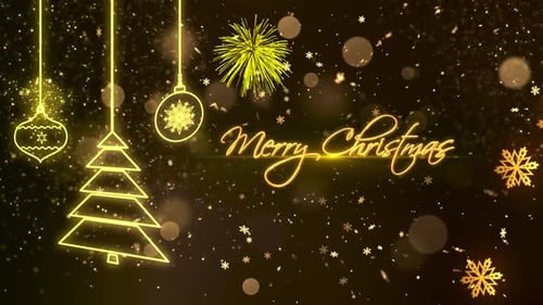 Golden Neon Merry Christmas Greeting with Ornaments and Fireworks