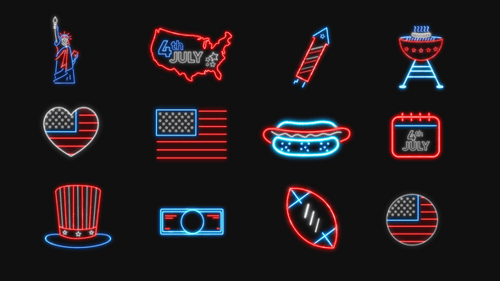 Fourth of July American Holiday Neon Line Icons Pack
