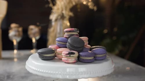 Colorful Macarons on Cake Stand, Close Up