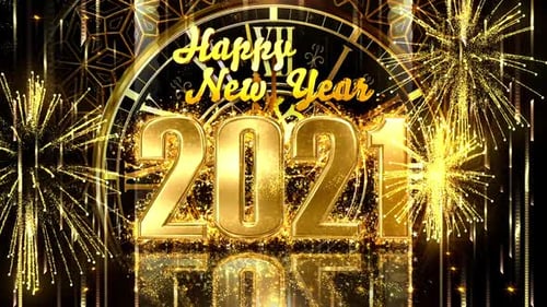 Happy New Year 2021 Title Animation with Fireworks and Gold Clock