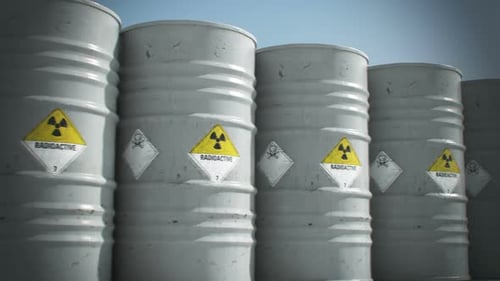 Endless animation of the grey biohazard barrels horizontal stack. Side view. HD