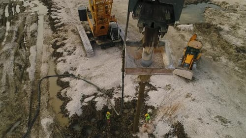 Construction Site Pile Driver Aerial View