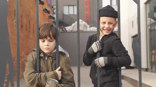 Two Poor Street Boys Need Help Asking Help Food Donation From Strangers on Street at Big City