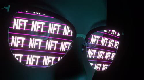 Neon NFT Text Reflection in Futuristic Sunglasses