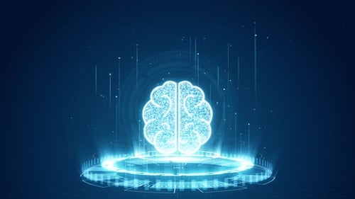 Blue digital brain logo with futuristic technology circle rotation on abstract background