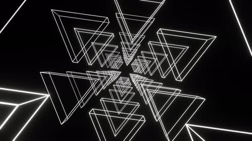 Túnel de triángulos de neón LED blanco sobre fondo oscuro Animación perfecta