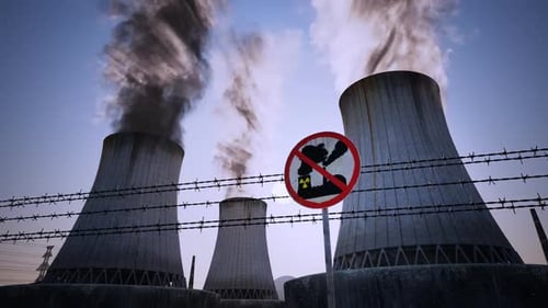 Nuclear power plant steaming cooling towers. Air pollution power station.Sunset