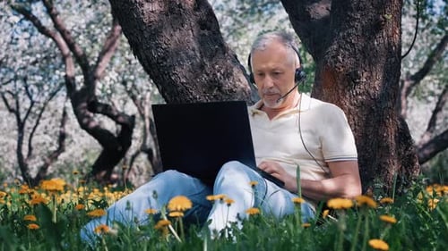 Man Working on Laptop Under Blooming Tree