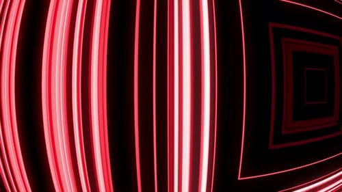 Red Neon Glowing Geometric Lines and Squares Tunnel
