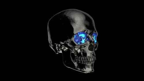 Metallic Human Skull with Blue Eyes Looped Animation