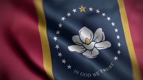 Waving Mississippi State Flag with Magnolia Flower and Stars