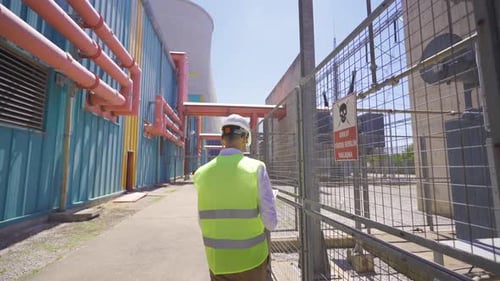 Ingénieur marchant dans une centrale nucléaire.
