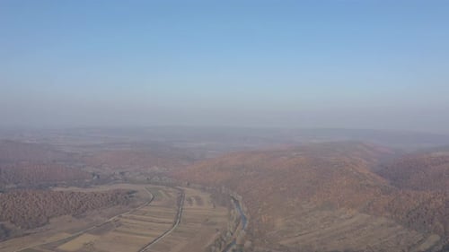 Tilting on valley of river Timok by autumn 4K drone footage