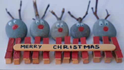 Making Diy Merry Christmas Deer on Greeting Card Postcard Made of Pebbles Sea Stones Clothespins and