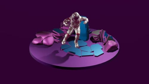 Futuristic Astronaut Jumps on Broken Abstract Space Platform