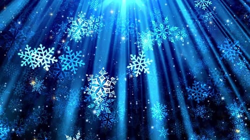 Elegant Falling Snowflakes with Blue Light Beams Background