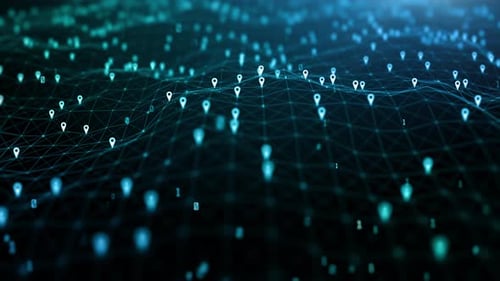 Abstract Digital Network with Location Pins and Binary Data Flow