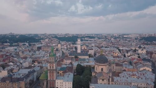Aerial City Lviv, Ukraine. European City. Popular Areas of the City. Town Hall