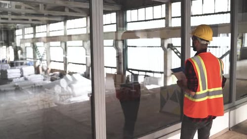 Main Architect Holding Blueprint and Inspecting Construction Site