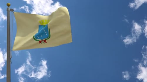 Realistic Flag with Coat of Arms Waving in Blue Sky