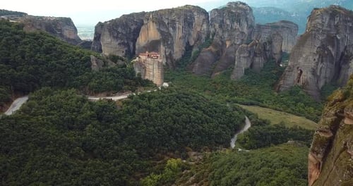 Aerial View Of The Mountains And Meteora Monasteries In Greece